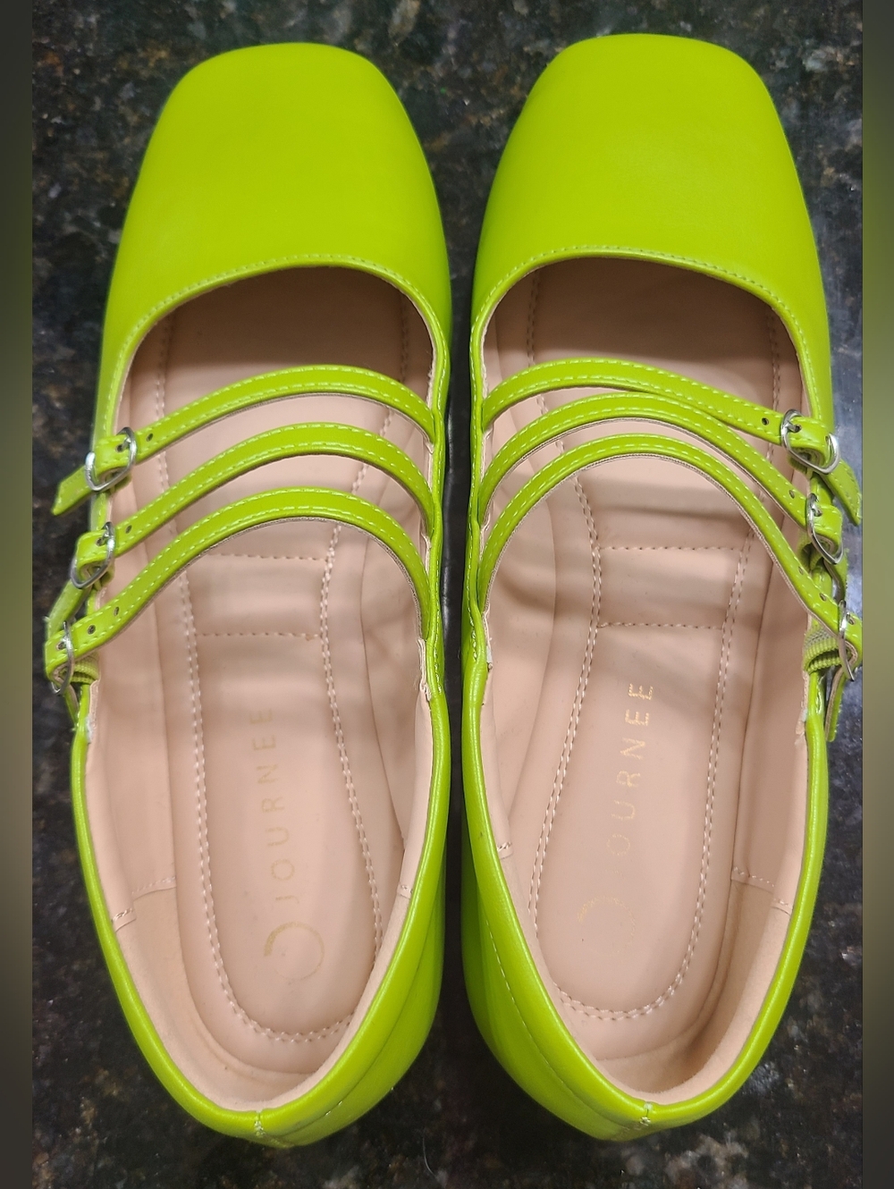 Journee Collection Lime Green Triple Strap Mary Jane Flats, Size 9W (US)
